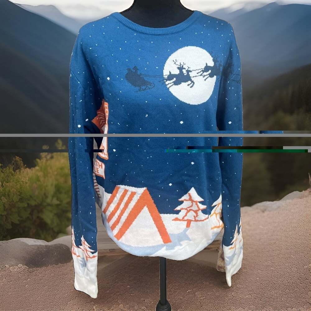 Unisex Whataburger Christmas Santa North Pole Holiday Sweater Blue Orange Sz L